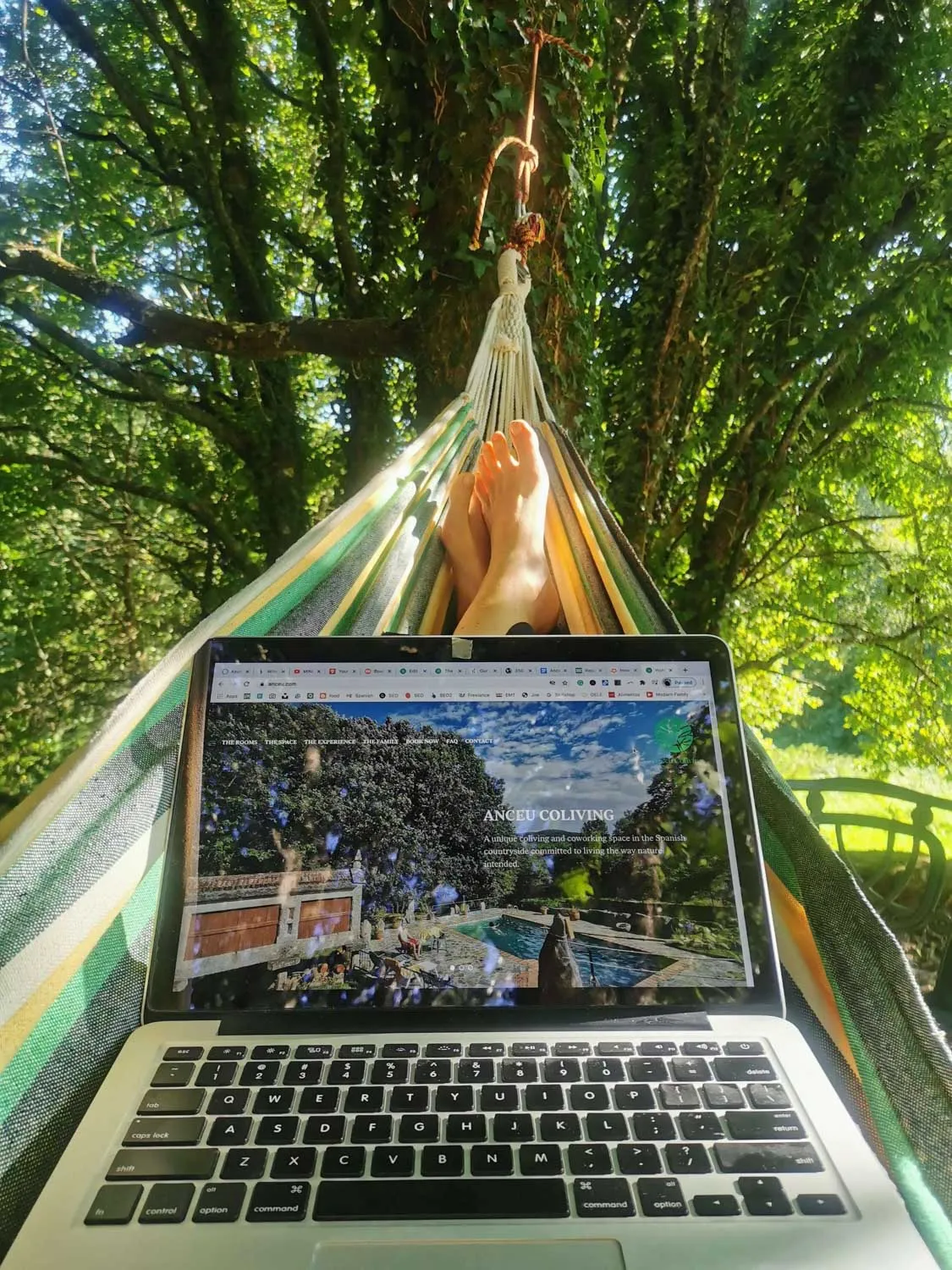 A laptop showing the Anceu Coliving website, propped up in a striped hammock slung under a tree