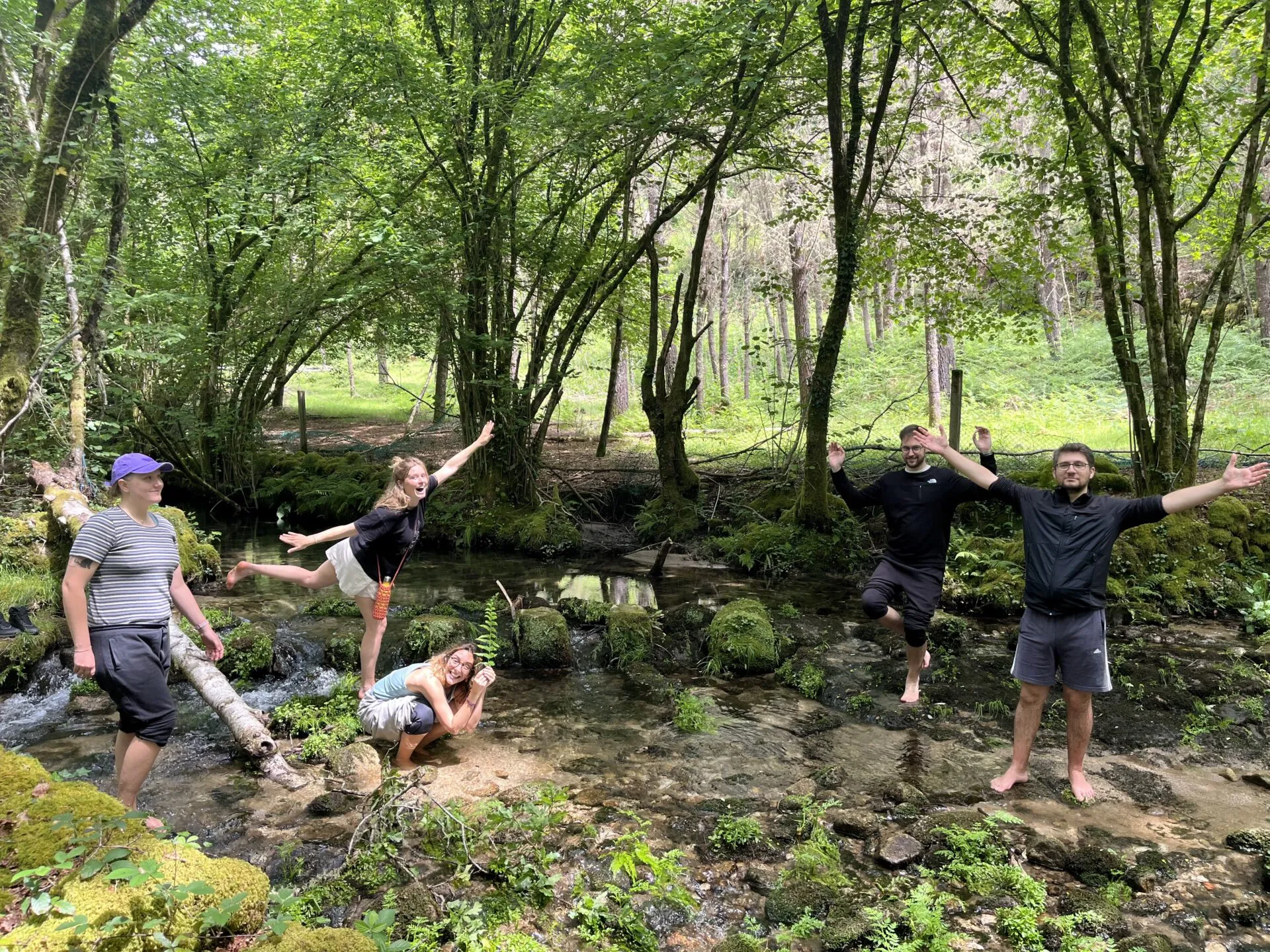 Five people posing barefoot in a shallow stream running through a mossy green wood