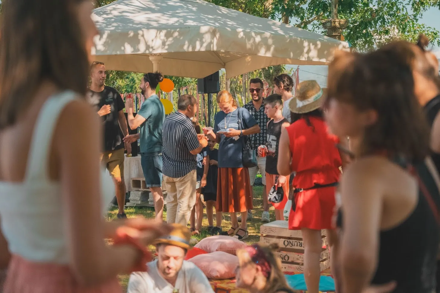 Guests standing and chatting at an outdoor party under a canopy, with picnic cushions on the ground