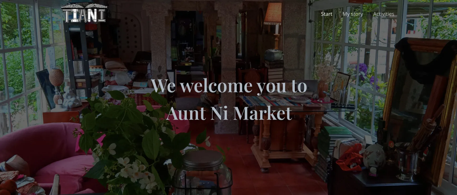 Website homepage with the TIANI logo, menu ‘Start, My story, Activities’ and the headline ‘We welcome you to Aunt Ni Market’ over a photo of a cluttered glazed sunroom