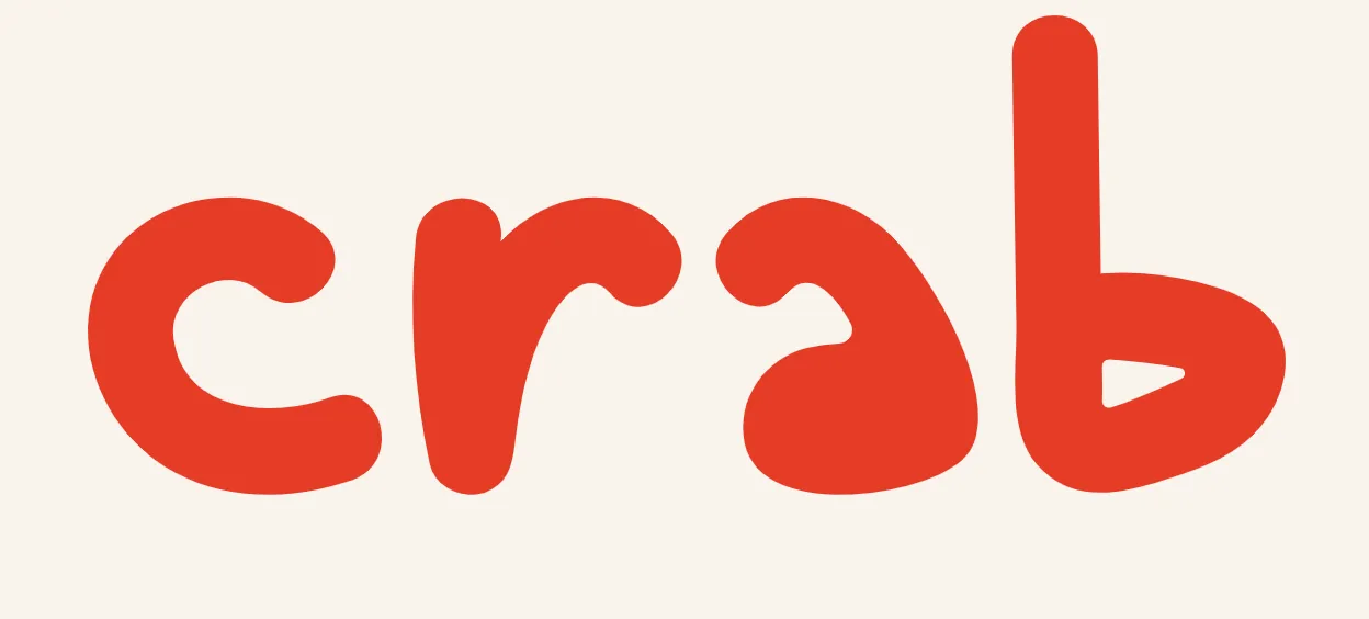 CRAB logo: the word ‘crab’ in rounded red lowercase letters on a cream background