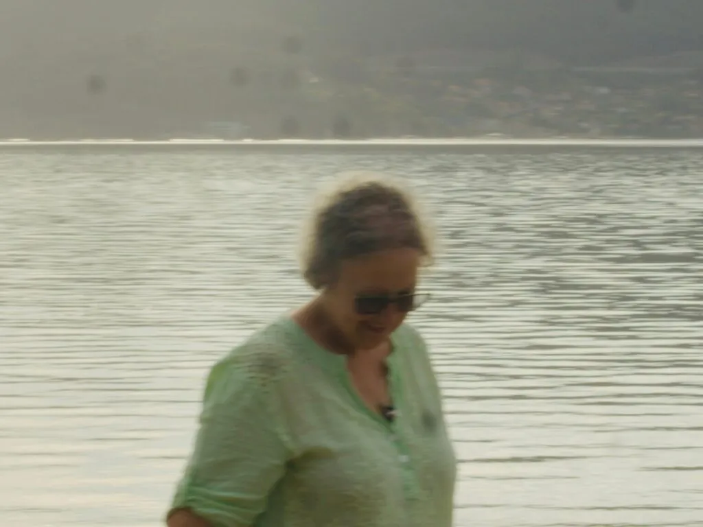 Soft-focus shot of a woman in a pale green blouse and sunglasses smiling in front of a wide estuary with a hillside town behind