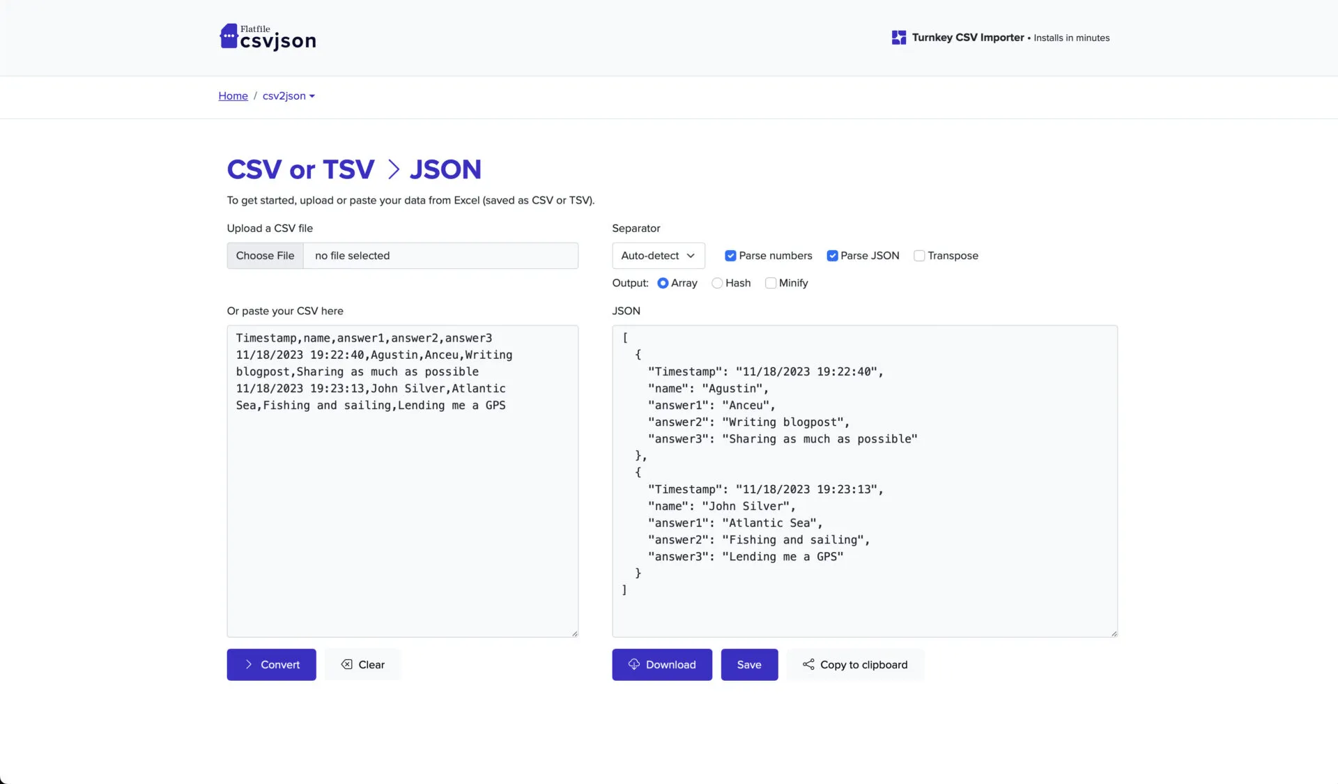 csv2json tool