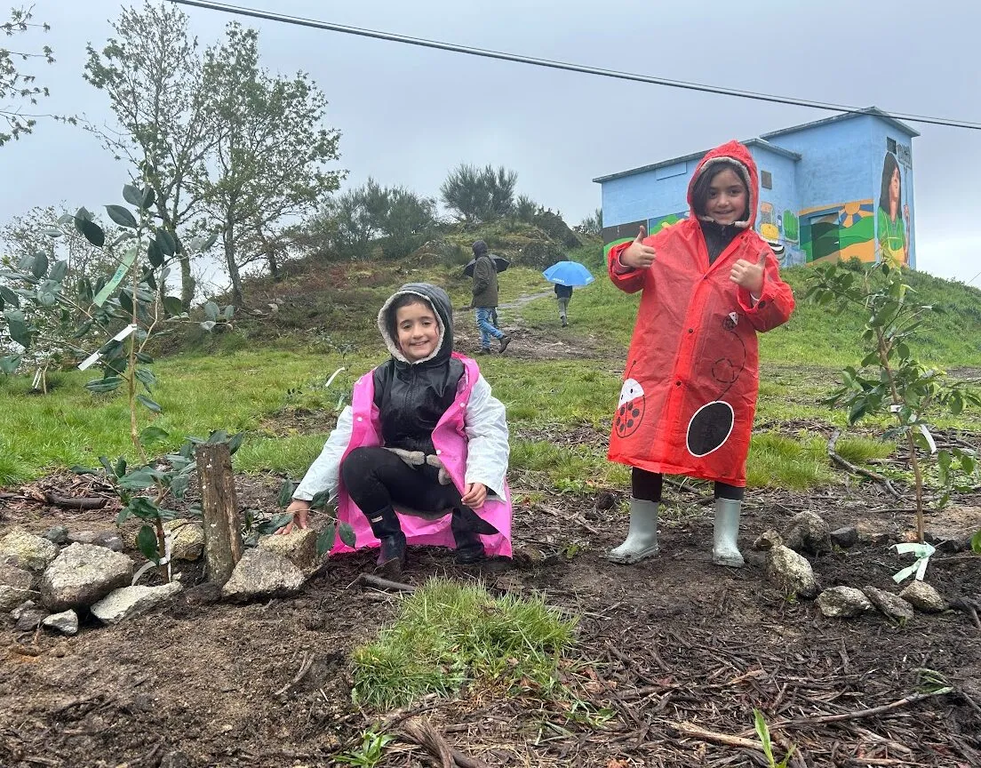 Two children in raincoats among newly planted saplings on a misty hillside, one crouching and one giving thumbs-up
